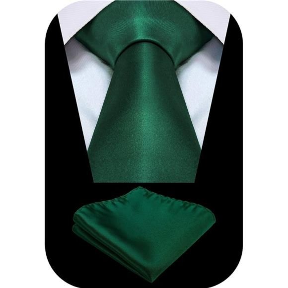 Solid Green Tie Satin Color Formal Necktie and Pocket Square Sets in Gift Box - Picture 3 of 6